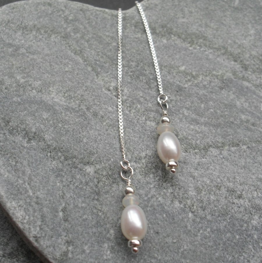 Sterling Silver Threader Earrings with Ethiopian Opal and Freshwater Pearls