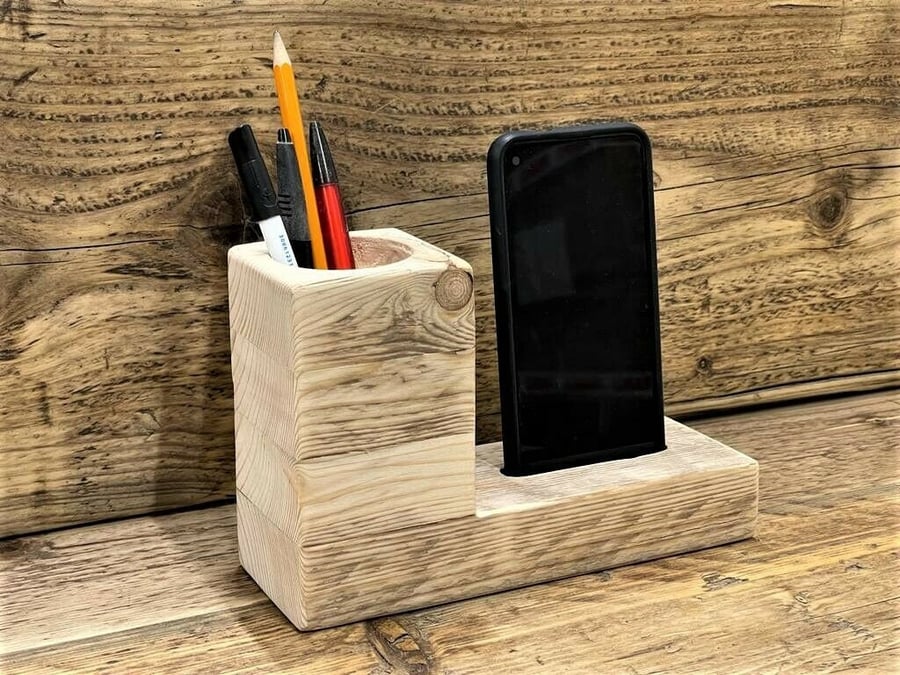 Reclaimed Wood Phone Stand Rustic Desk Tidy Sustainably Sourced