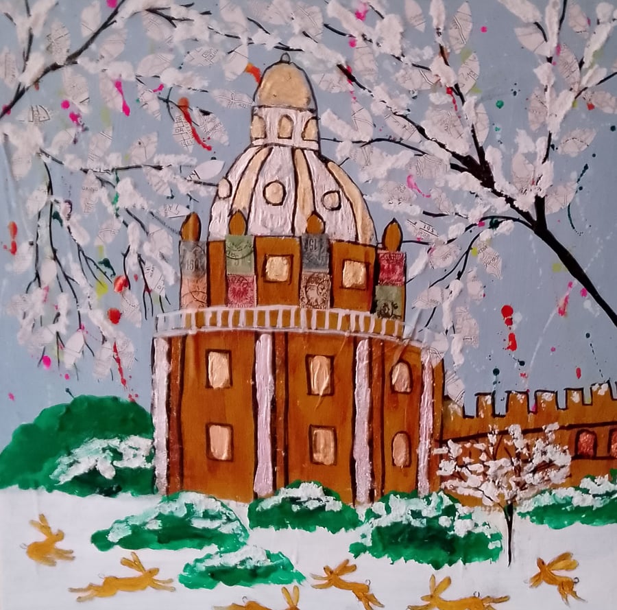 Oxford Radcliffe Camera in the snow with bunnies Mixed Media Painting 16" x 16"