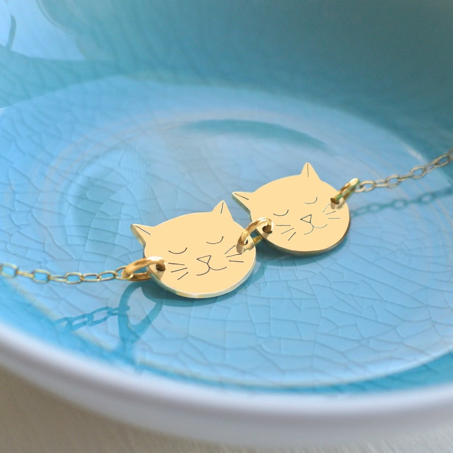 Personalised Gold Cat Face Necklace, cat necklace, gift for cat lovers