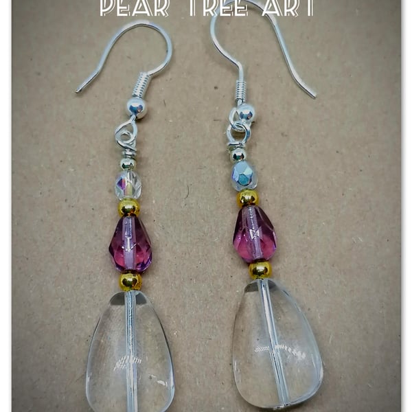 Glass drop earrings with purple crystal beads on Silver  plated hooks.