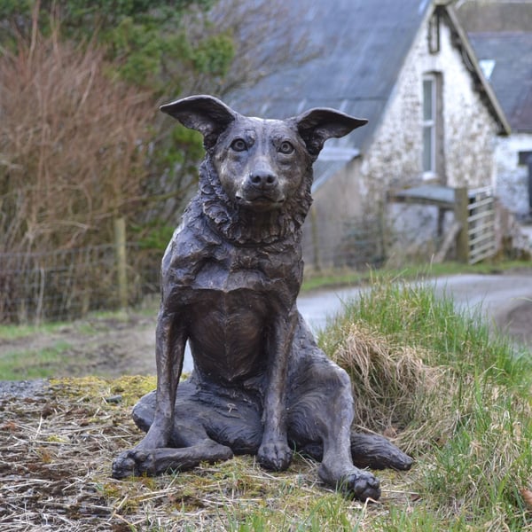 Sitting Border Collie Dog Statue Large Bronze Resin Garden Sculpture