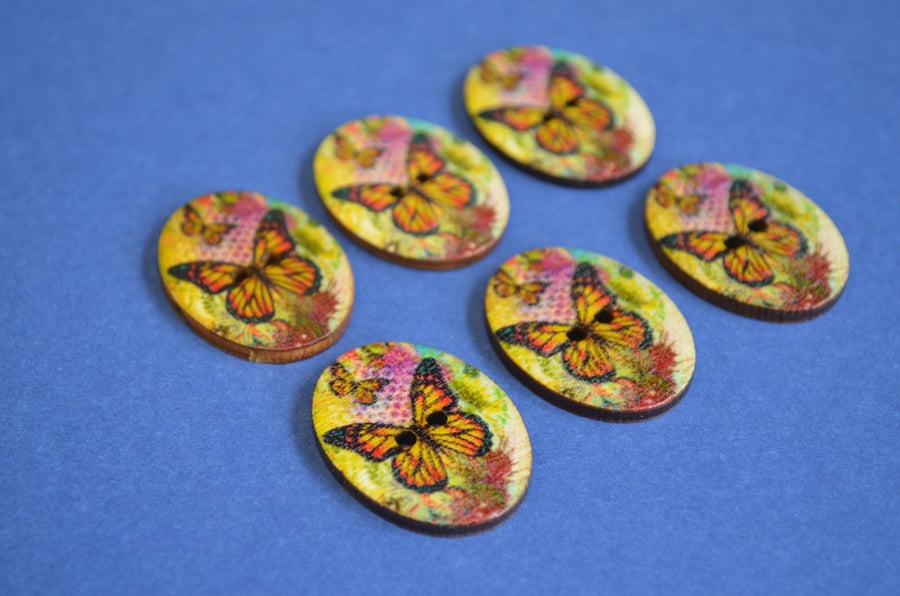 Wooden Oval Butterfly Buttons Colourful Flowers Yellow 6pk 30x22mm (OB6
