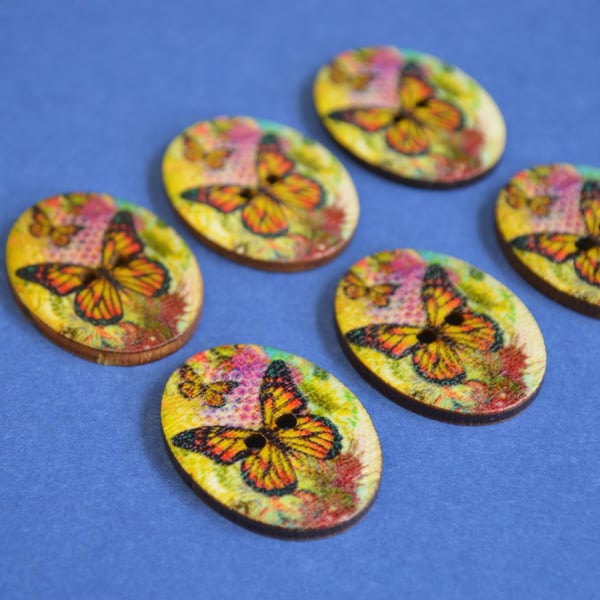 Wooden Oval Butterfly Buttons Colourful Flowers Yellow 6pk 30x22mm (OB6