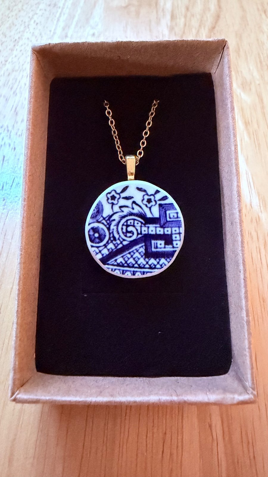 Upcycled bone china necklace blue willow pattern