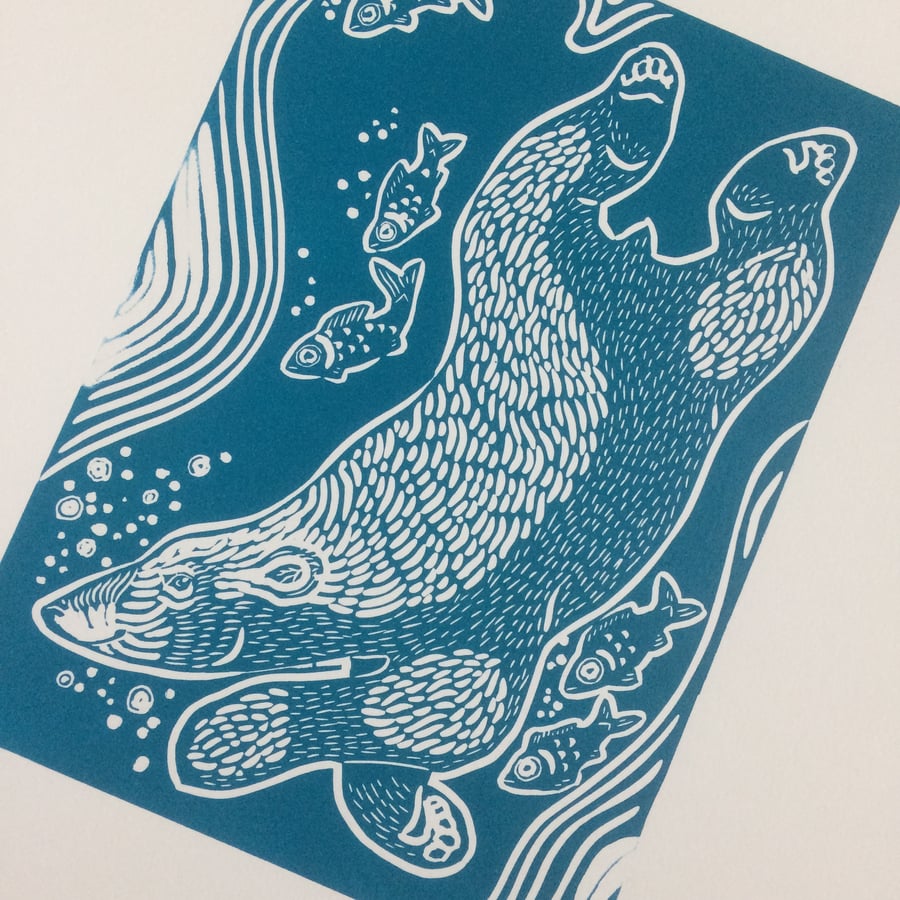 'Chasing Bubbles' Swimming Polar Bear Original Lino Print