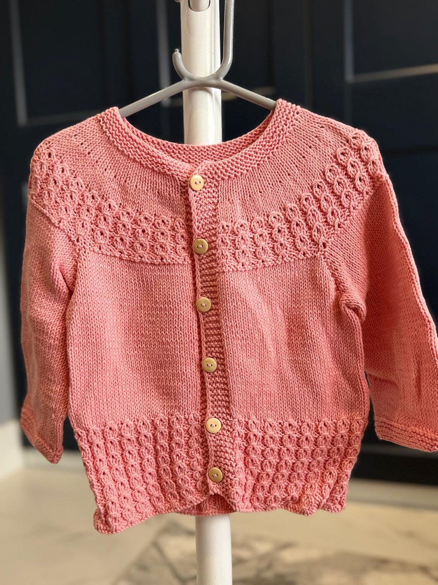 Hand-Knitted Baby Cardigan Textured Yoke & Hem – Salmon Pink (12-18m)