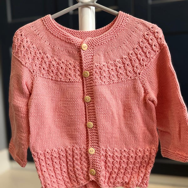 Hand-Knitted Baby Cardigan Textured Yoke & Hem – Salmon Pink (12-18m)
