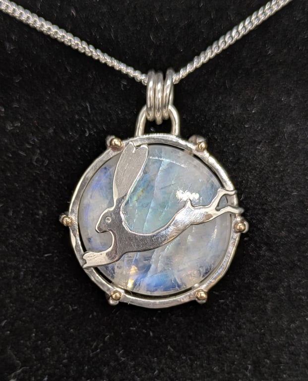 Sterling silver hare pendant, Moonstone pendant, Hare jewellery