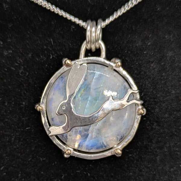 Sterling silver hare pendant, Moonstone pendant, Hare jewellery
