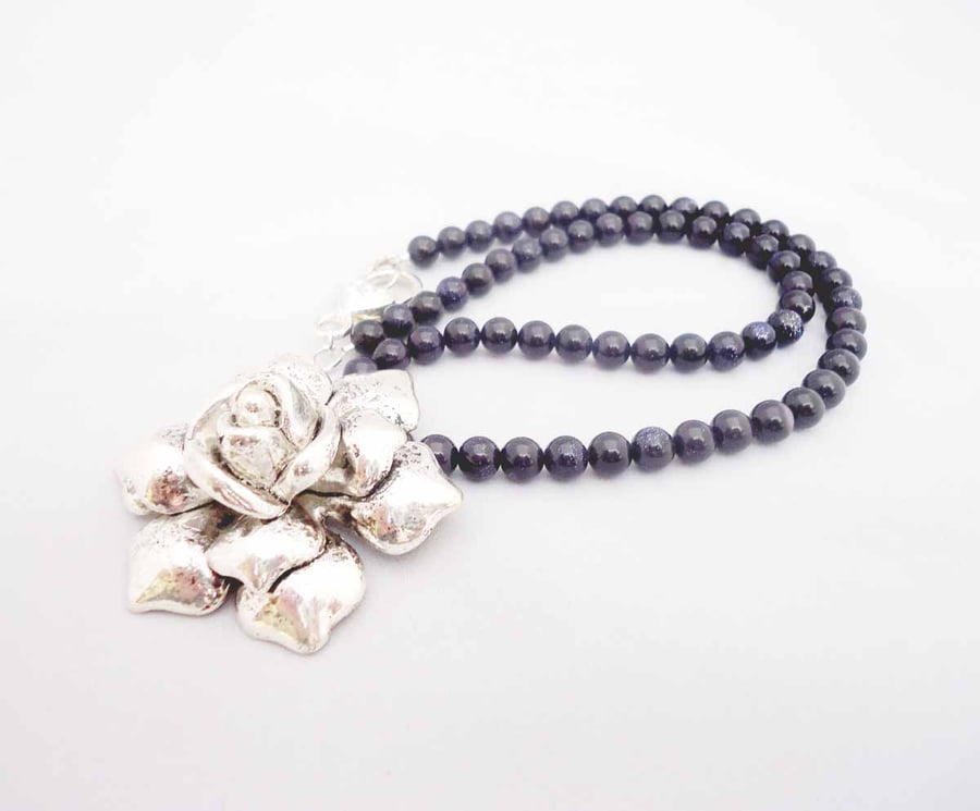 Blue Golden Sand Necklace with Big Rose Pendant, Dark Blue Necklace, Gemstone 