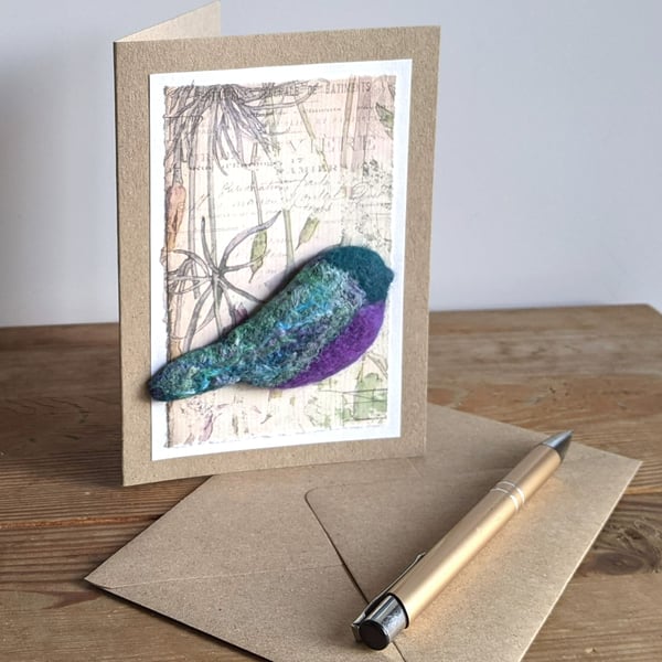 Brooch on a card - felted bird - purple breasted longtail