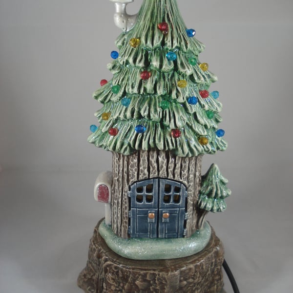 Ceramic Glittery Xmas Christmas Conifer Tree House Cottage Table Lamp Decoration