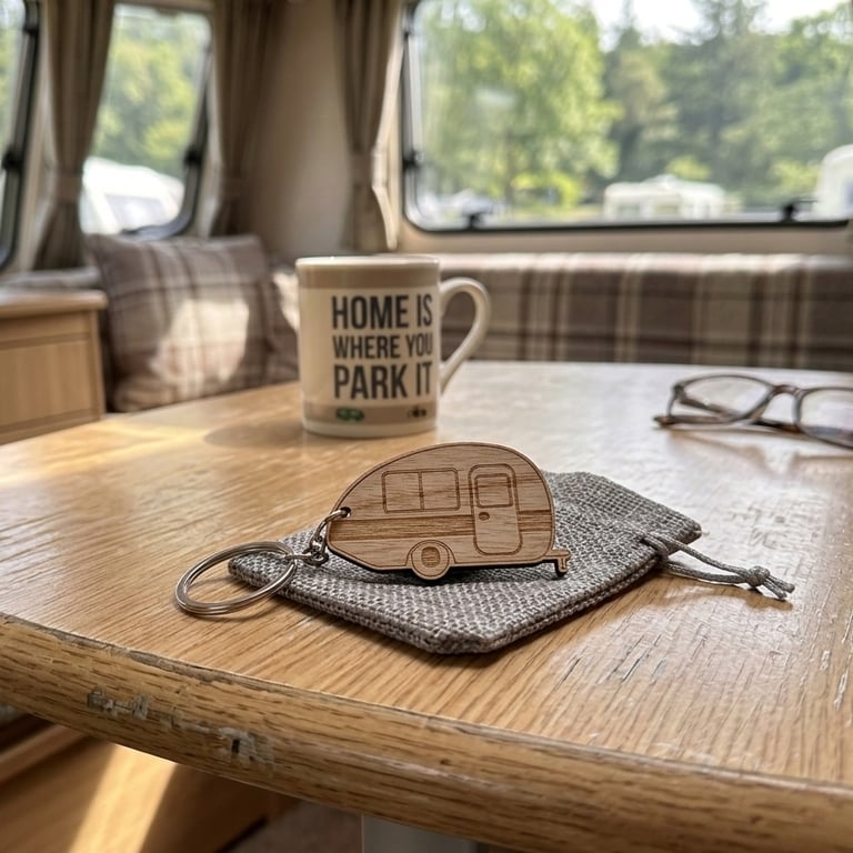 Wooden Caravan Keyring with Gift Bag