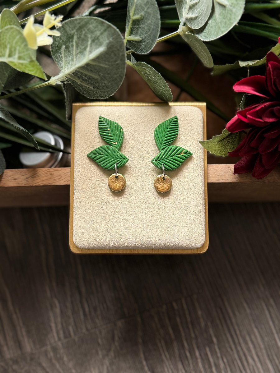 Festive Leaf and Berry Polymer Clay Earring - Green and Gold