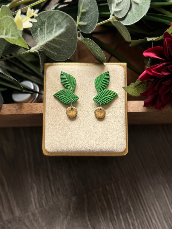 Festive Leaf and Berry Polymer Clay Earring - Green and Gold