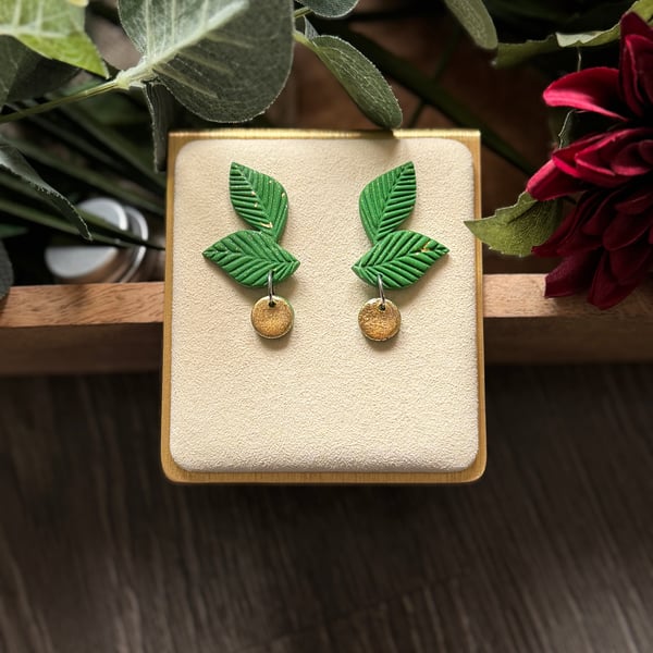 Festive Leaf and Berry Polymer Clay Earring - Green and Gold