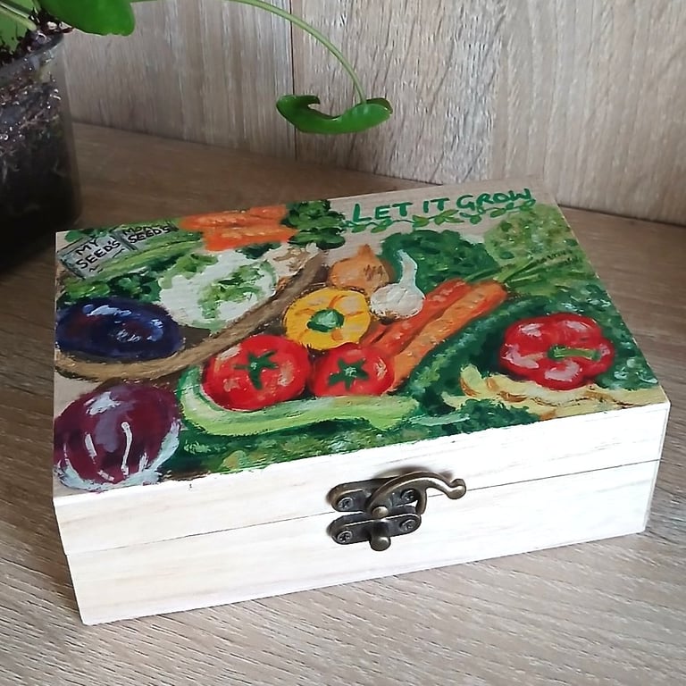 Wooden box for Gardener's seed's, handpainted with a vegetable harvest.  