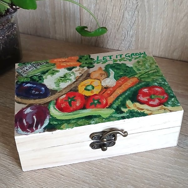 Wooden box for Gardener's seed's, handpainted with a vegetable harvest.  