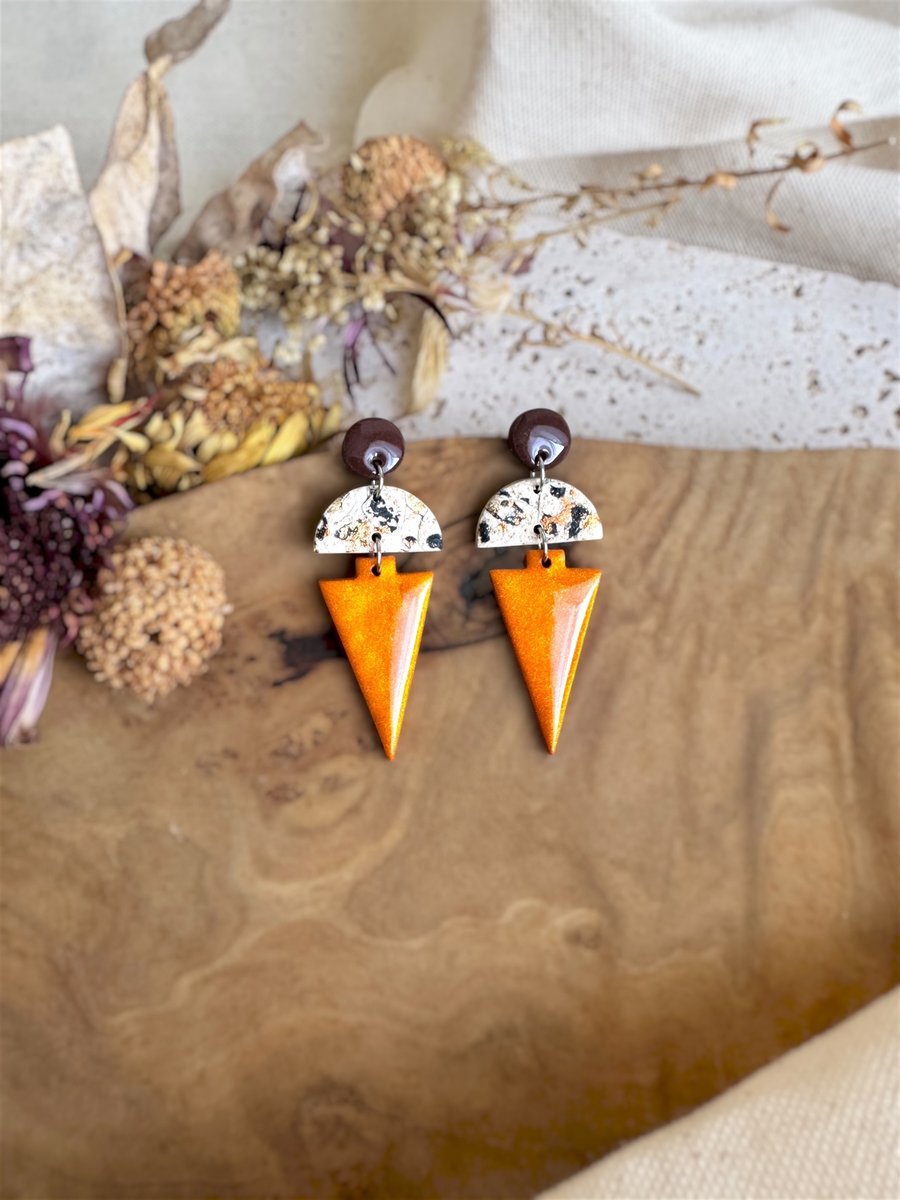 Autumn Deep Chocolate & Shimmering Orange Arrowhead Polymer Clay Earrings