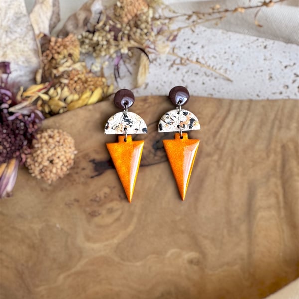 Autumn Deep Chocolate & Shimmering Orange Arrowhead Polymer Clay Earrings