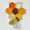 Stained Glass Honeycomb and Bee Suncatcher - Handmade Window Decoration - Amber