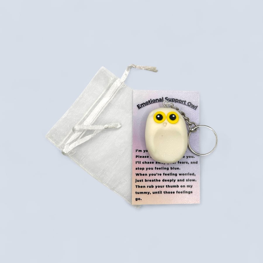 Galaxy White Worry Stone Owl Keychain - Emotional Support Owl Fidget Stone 