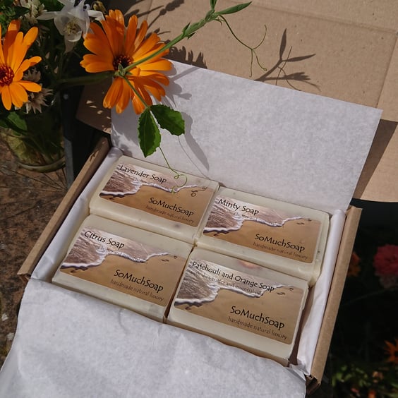 Soap gift box with four natural, plastic free, handmade soaps