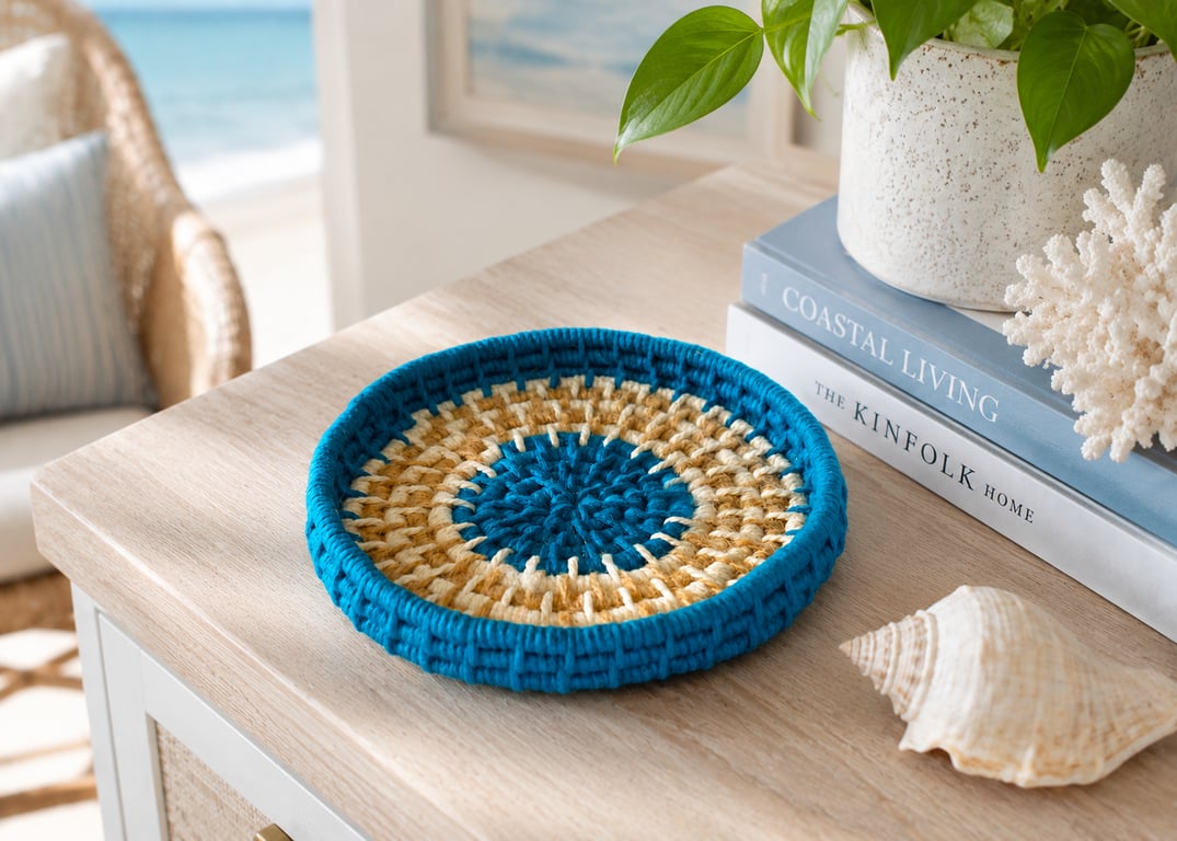 Teal Jute Off White Cotton Cord Coiled Macrame Basket Small Storage Catch All