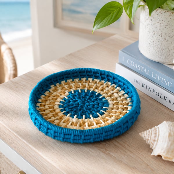 Teal Jute Off White Cotton Cord Coiled Macrame Basket Small Storage Catch All
