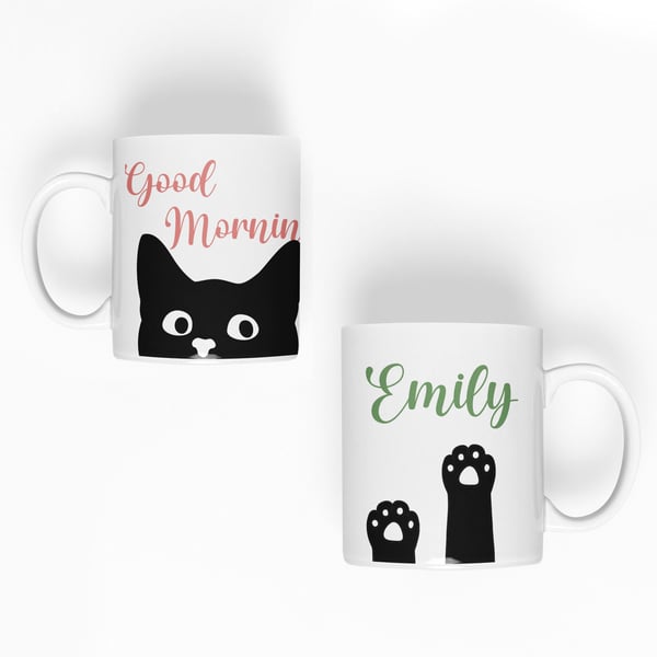 Personalised Cat Name Mug Good Morning Black Cat Paw Prints Cat Lover Paws