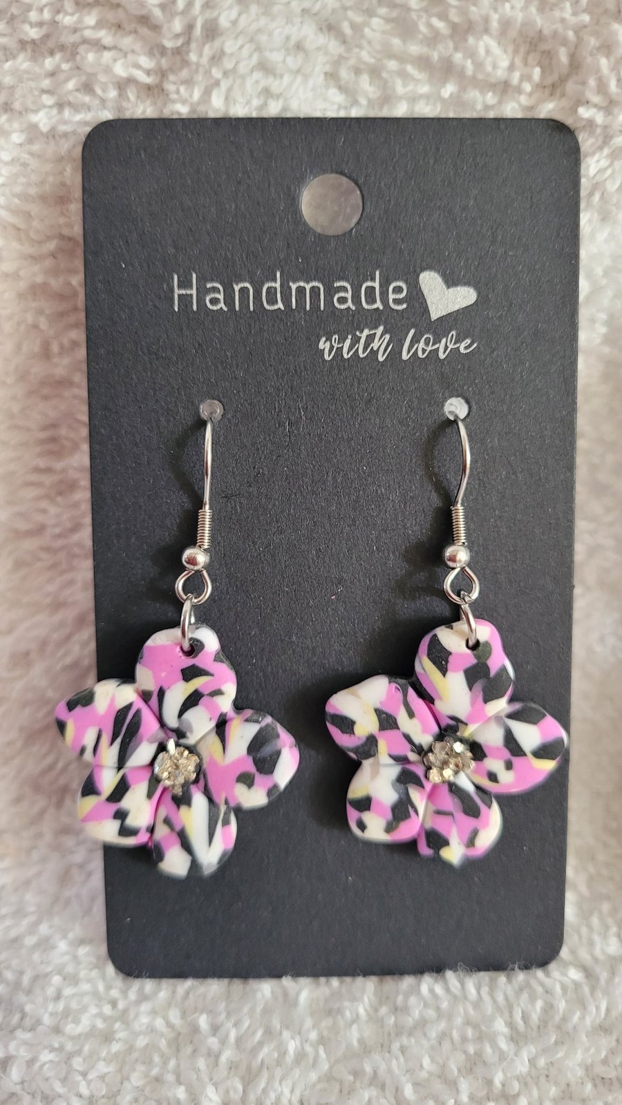 Handmade Polymer Clay Pink, Black and White Flower Earrings. 316 Stainless Steel