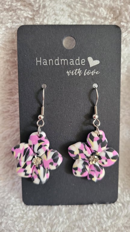 Handmade Polymer Clay Pink, Black and White Flower Earrings. 316 Stainless Steel