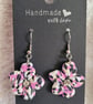 Handmade Polymer Clay Pink, Black and White Flower Earrings. 316 Stainless Steel