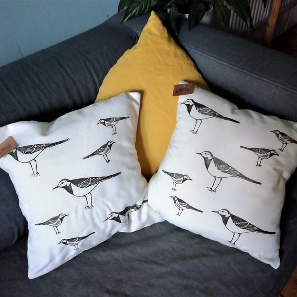 Handprinted Pied Wagtail Cushion