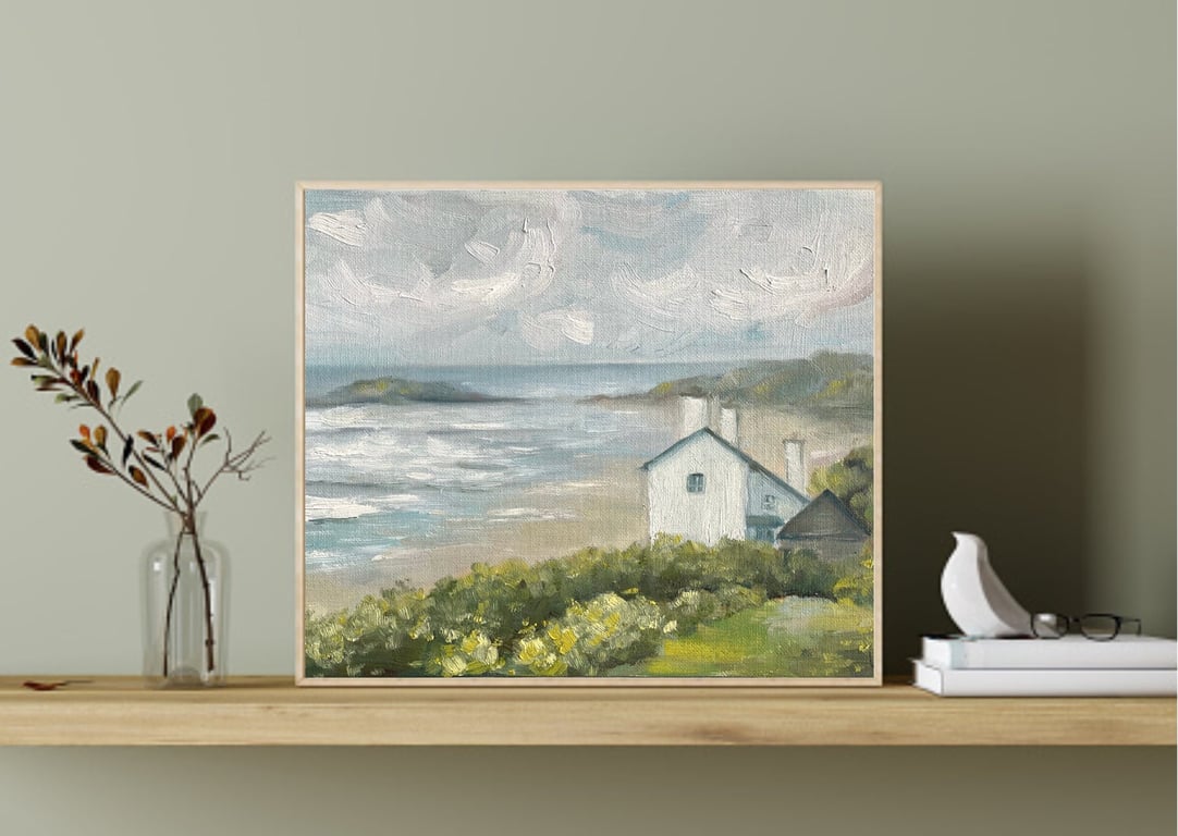 Ireland Painting Irish Field Original Art 11.9x9.5' Ocean Landscape Artwork Coun