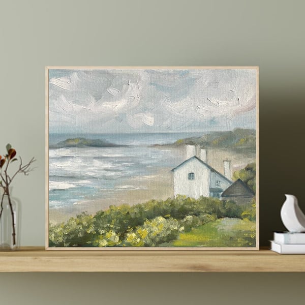 Ireland Painting Irish Field Original Art 11.9x9.5' Ocean Landscape Artwork Coun