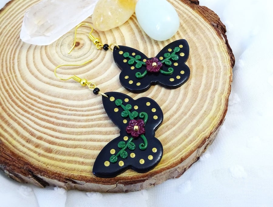 Whimsical Black Butterfly Earrings, Dark Cottagecore, Floral Earrings