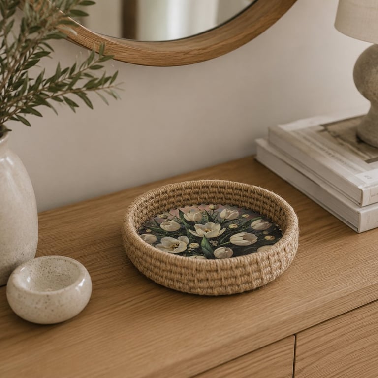 Handmade Coiled Jute Basket - Floral Decorative Basket - Botanical Home Décor