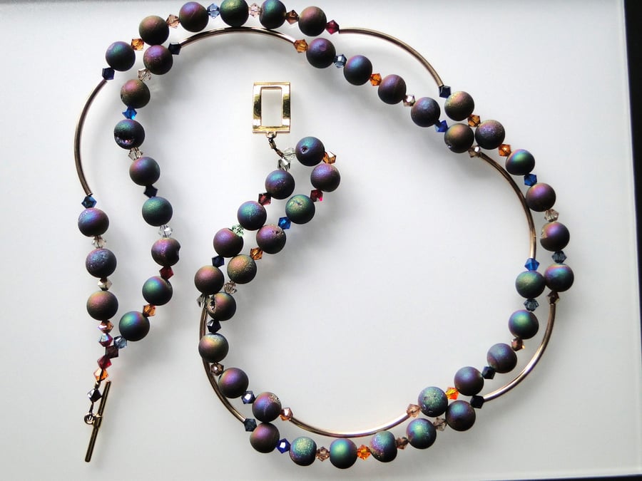 2 strand Rainbow Druzy Agate Necklace with Swarovski crystals