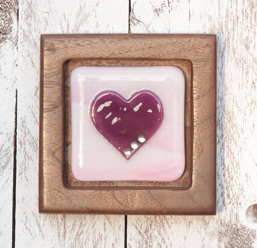 Fused Glass Picture - Plum Heart on Wispy Pink with Dichroic Detail