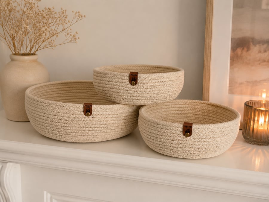 Handmade Cotton Rope Bowl Set-3 Nesting Storage Baskets 