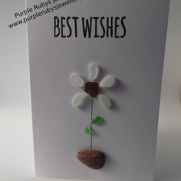 Best Wishes Sea Glass Flower in Stone Vase Birthday Card C308