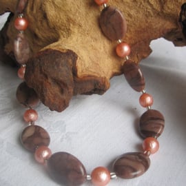 Brown Zebra Jasper & Imitation Pearl Necklace