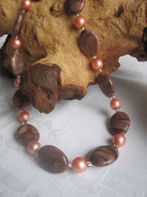 Brown Zebra Jasper & Imitation Pearl Necklace
