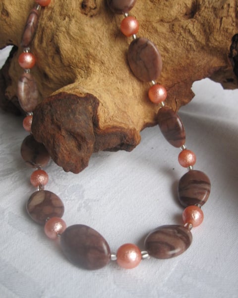 Brown Zebra Jasper & Imitation Pearl Necklace