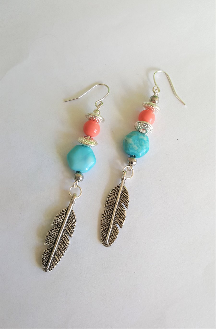 Festival Boho Turquoise and Coral Feather Earrings