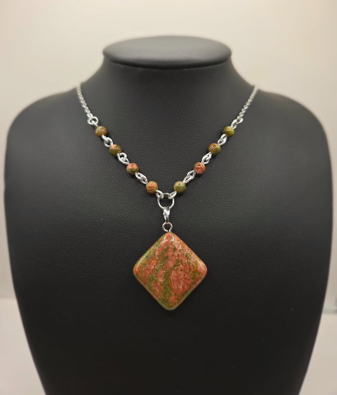 Unakite Pendant Gemstone Beaded Necklace, Square Shaped Stone