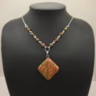 Unakite Pendant Gemstone Beaded Necklace, Square Shaped Stone