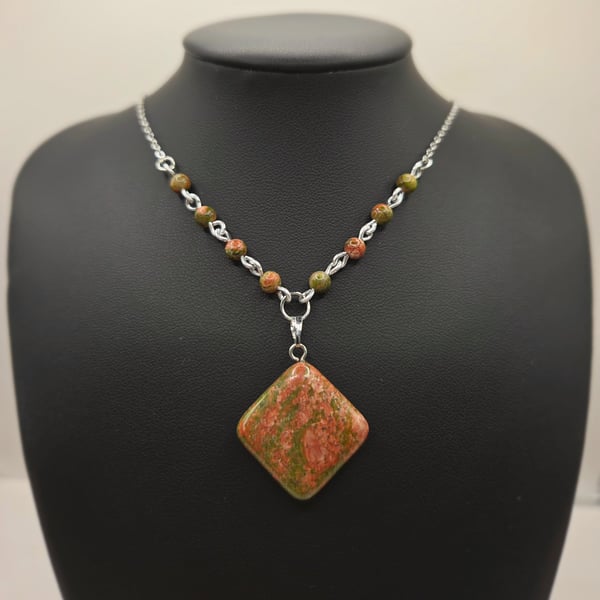 Unakite Pendant Gemstone Beaded Necklace, Square Shaped Stone